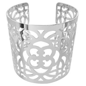 Wide Silver Tone Filigree Statement Cuff Bracelet